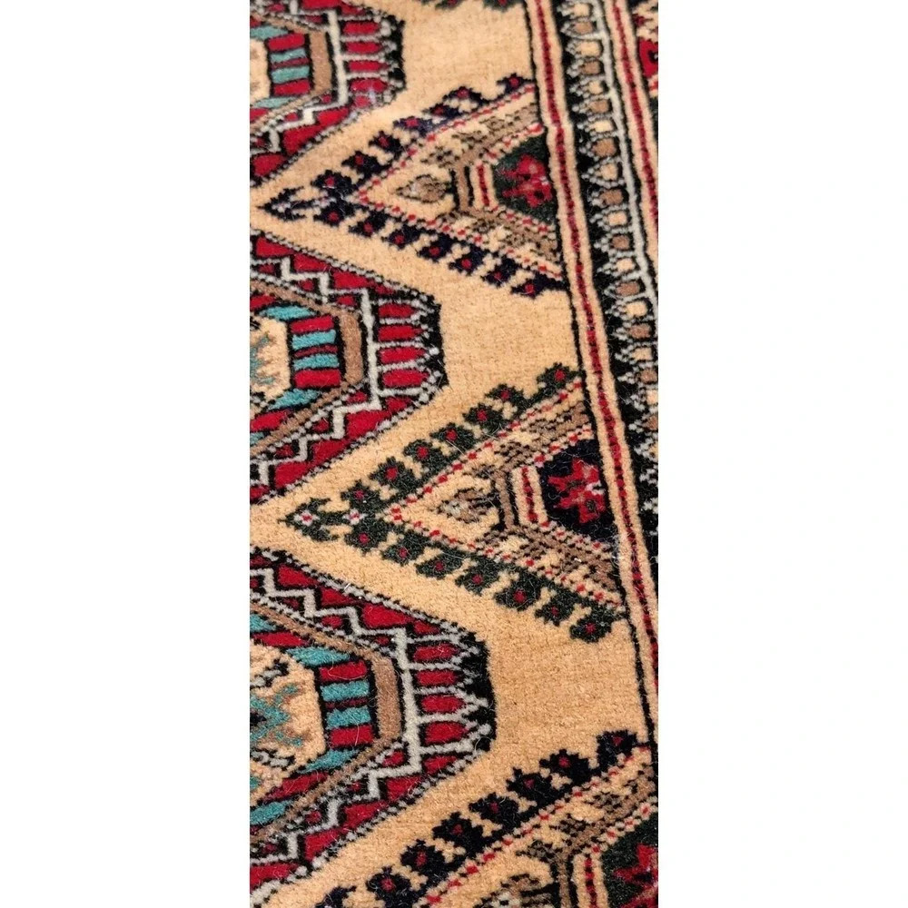 Vintage Tribal Geometric Runner Rug 2x5 Beige Red Wool Hand-Knotted